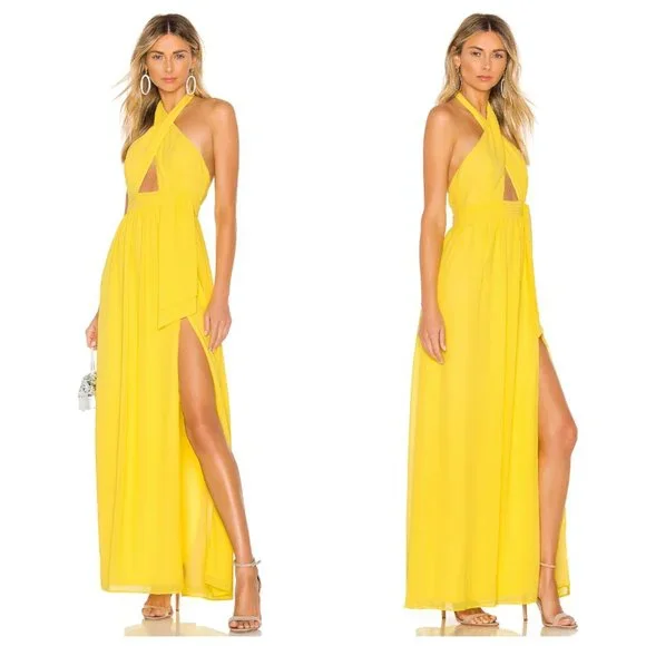 MAJORELLE | Dresses | Revolve Majorelle Andromeda Yellow Cross Neck Cut Out  High Slit Maxi Dress | Poshmark